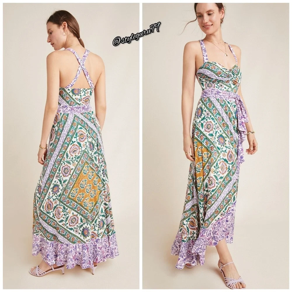 NWT, Anthropologie, Gabriela Ruffled Printed Belted Maxi Dress